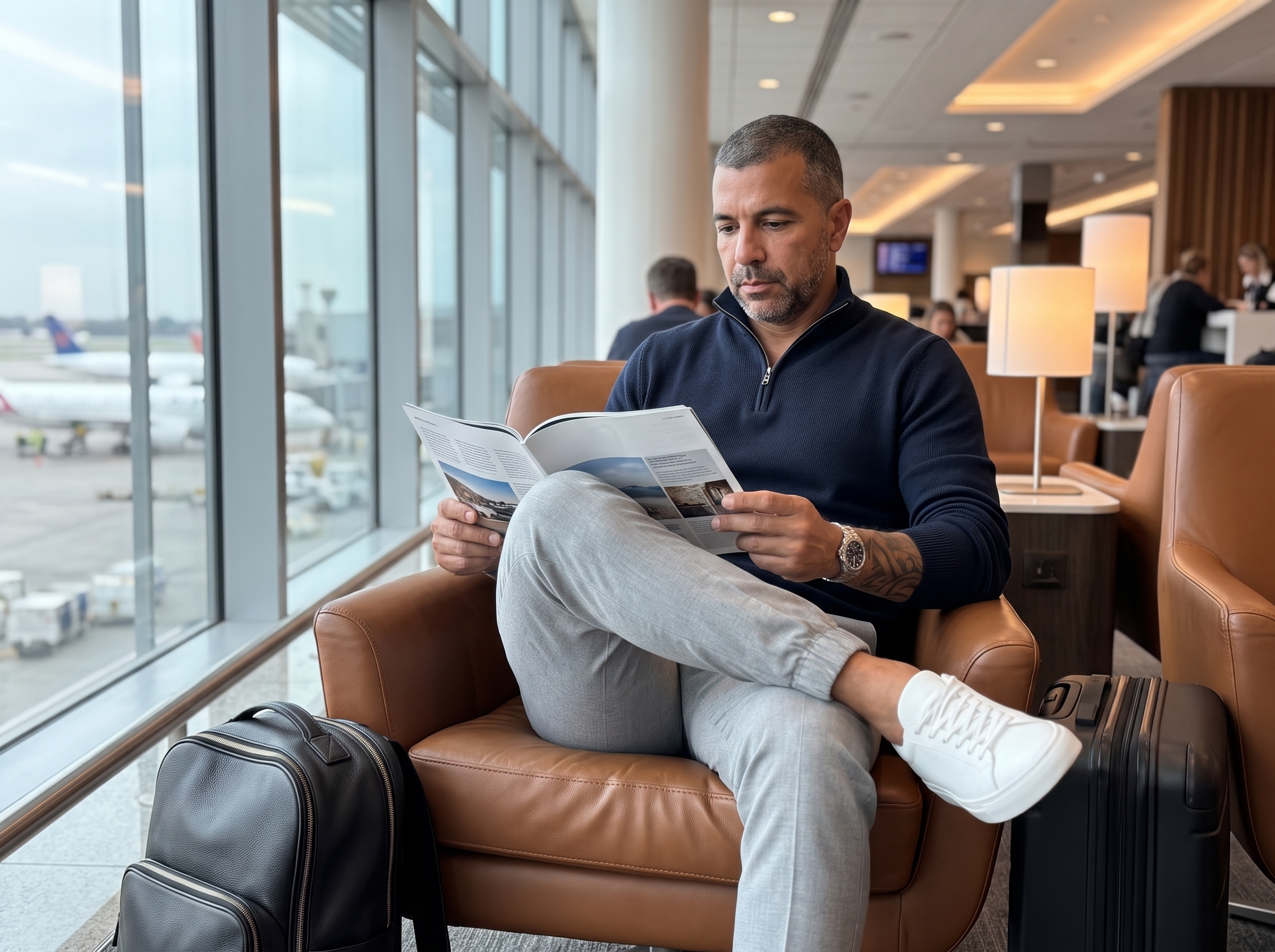 JP, curador da Rota Certa, lendo em uma sala de embarque no aeroporto